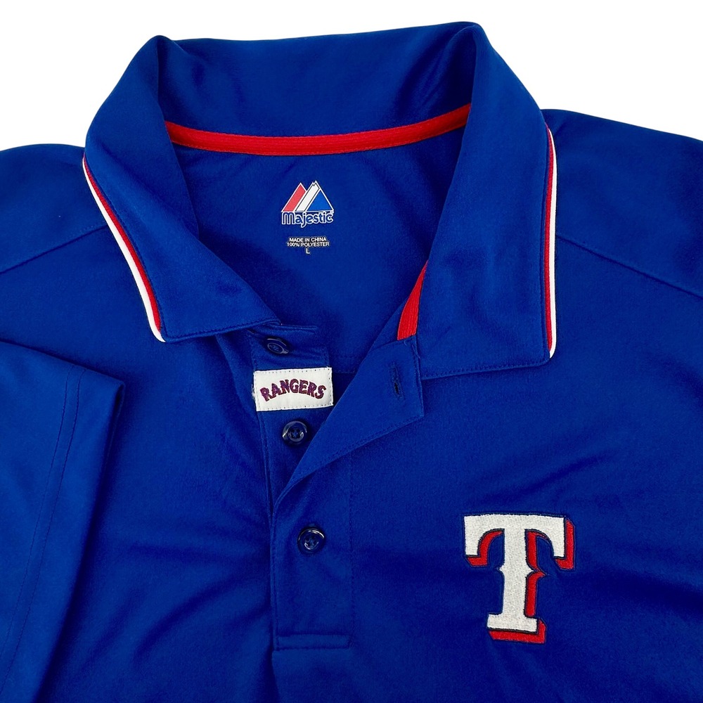 Majestic Texas Rangers Polo Shirt Mens Large Blue MLB Baseball Athletic T Logo